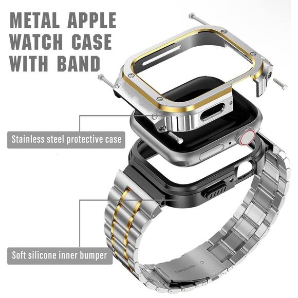 Apple Watch Bracelet + Case Gold Tone Stainless Steel Band Strap Protective NWT - Picture 1 of 9